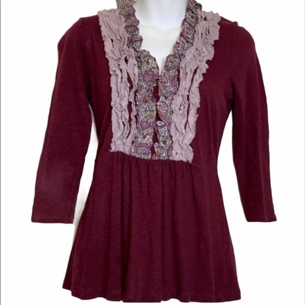Anthropologie Deletta Burgundy Top with Ruffles